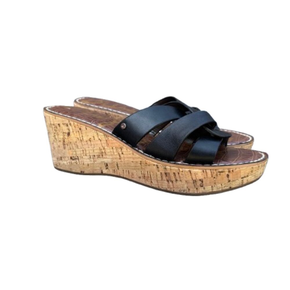 Sam Edelman Raynere Cork Wedge Slide Sandals Size 9.5M Black Leather Upper